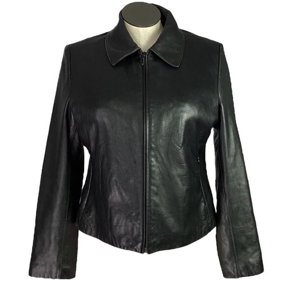 Wilsons Leather Jacket Women XL Black Crop Pockets Zip Liner Long Sleeve Coat